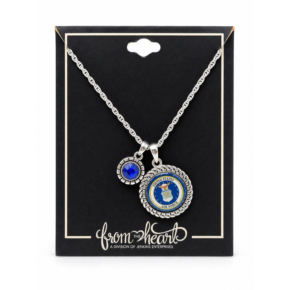 US Air Force USAF Logo Pendant Necklace Blue Crystal Officially Licensed NWT
